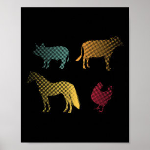 Poster Galinha Cavalo Porco Vaca Fazenda Fazendeiro Retro