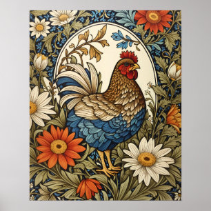 Poster Galinha de Fazenda Antiga e Flores de Margarida