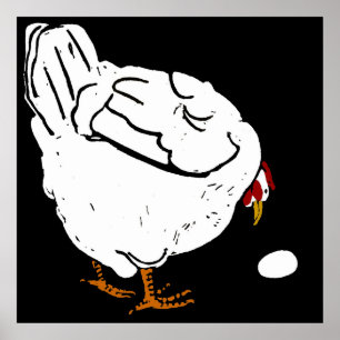 Póster Galinha e ovo dos animais de fazenda do Woodcut do