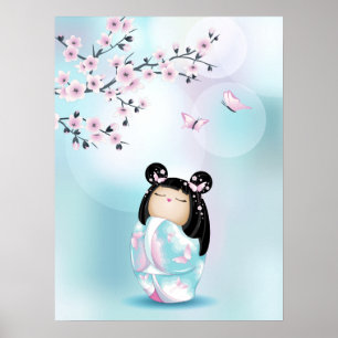 Poster Galinha Kokeshi Cherry Blossom Turquoise Girls