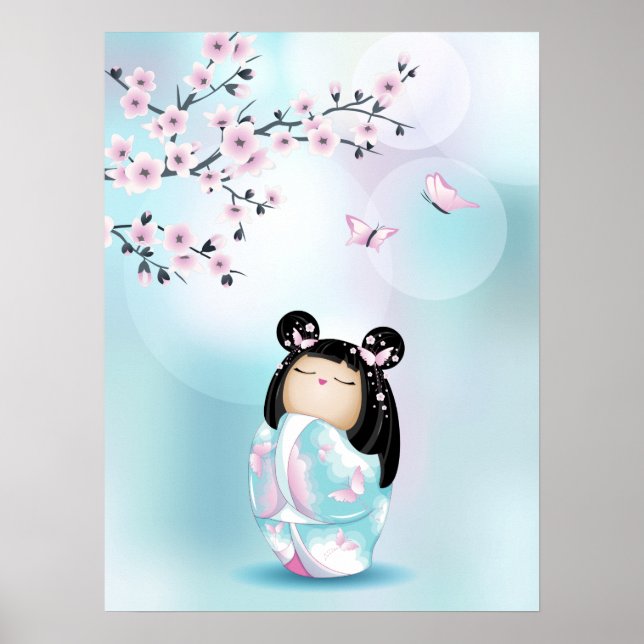 Poster Galinha Kokeshi Cherry Blossom Turquoise Girls (Frente)