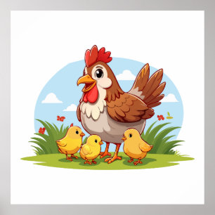 Poster galinha mãe e pequenos pintinhos amarelos