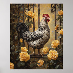 Poster Galinha Malhada com Rosas Amarelas Pintura a Óleo