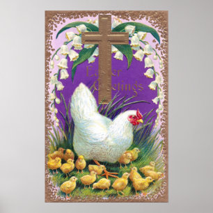 Póster Galinha, pintinhos e páscoa transversal do vintag