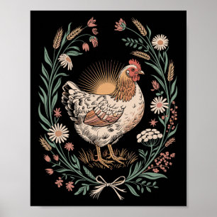 Poster Galinha Retro em Moldura Floral Amante de Frango C