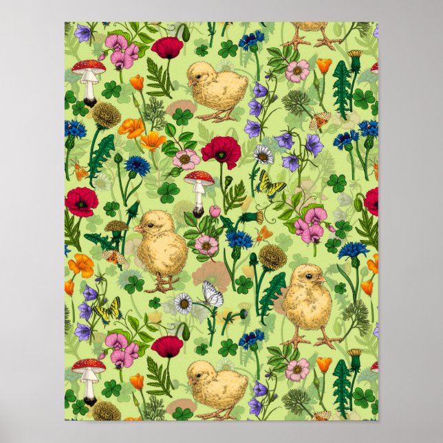 Poster Galinhas e flores silvestres em verde-orvalho (Frente)