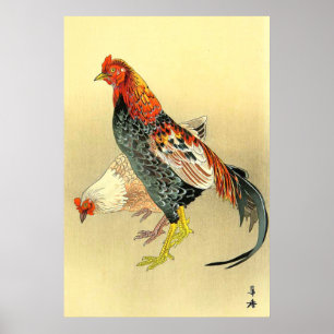 Poster Galo de Briga e Galinha Tsuji Kako 1900-1910s