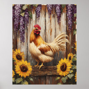 Poster Galo de Fazenda Rústico com Girassóis e Wistéria
