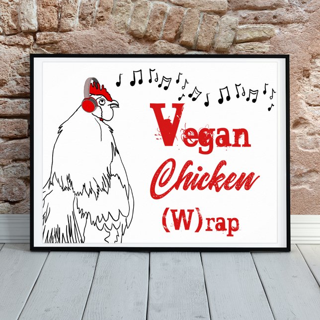 Poster Galo de galinha Vegan W rap musical Engraçado (Funny rooster rap music joke. Simple farm chicken line art with musica notes vegan joke)