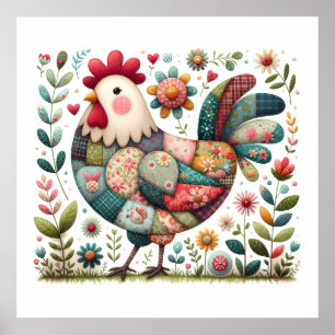 Poster Galo de Patchwork Folclórico com Acentos Florais