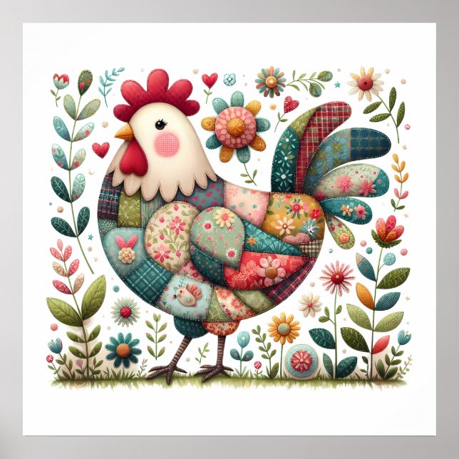 Poster Galo de Patchwork Folclórico com Acentos Florais (Frente)