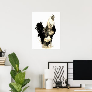 Poster Galo Frango Fazenda Ave Preto Branco Aquarela