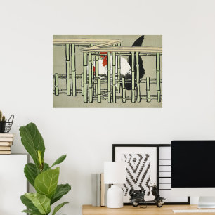 Poster Galo Japonês Antigo Atrás da Arte da Cerca de Bamb