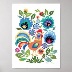 Poster Galo Rooster & Flores em Branco, Folclore Polonês 