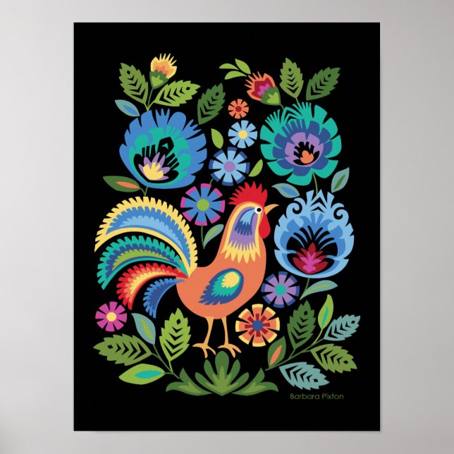 Poster Galo Rooster & Flores, Estilo Folclórico Polonês (Frente)