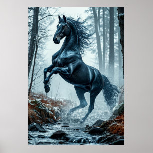 Poster Galopagem de Cavalo Negro através de um Stream Flo