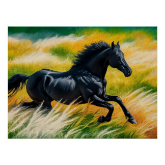 Póster Galopagem Graciosa de Cavalo Negro em Campo Vibran