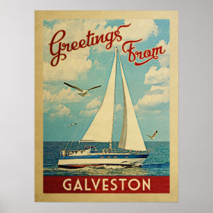 Poster Galveston Sailboat Vintage Travel Texas