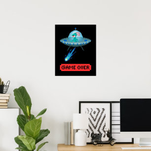 Poster 'Game Over' Alien Voando UFO Espaçonave, Pixel Art