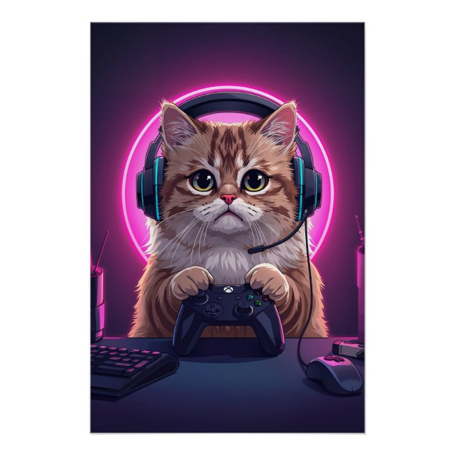 Póster Gamer Cat Kids Poster – Funny Cartoon Kitten (Frente)