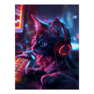 Póster Gamer Cat legal Fumando Engraçado
