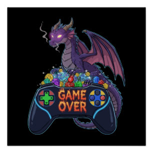 Póster Gamer Dragão Protegendo Dados de RPG no "Game Over