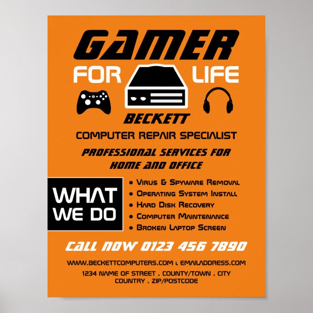 Poster Gamer para a vida, Computer Repair Specialist Adve (Frente)