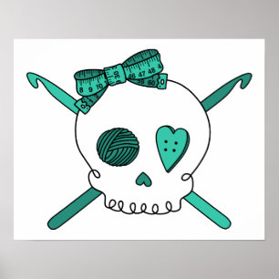 Póster Ganchos do crânio & de Crochet (turquesa)