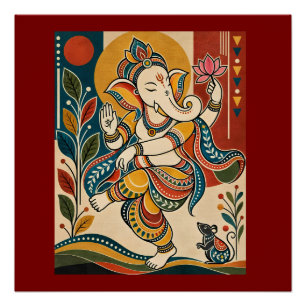 Póster Ganesha Dançante Colorido - Madh Tribal Folk India