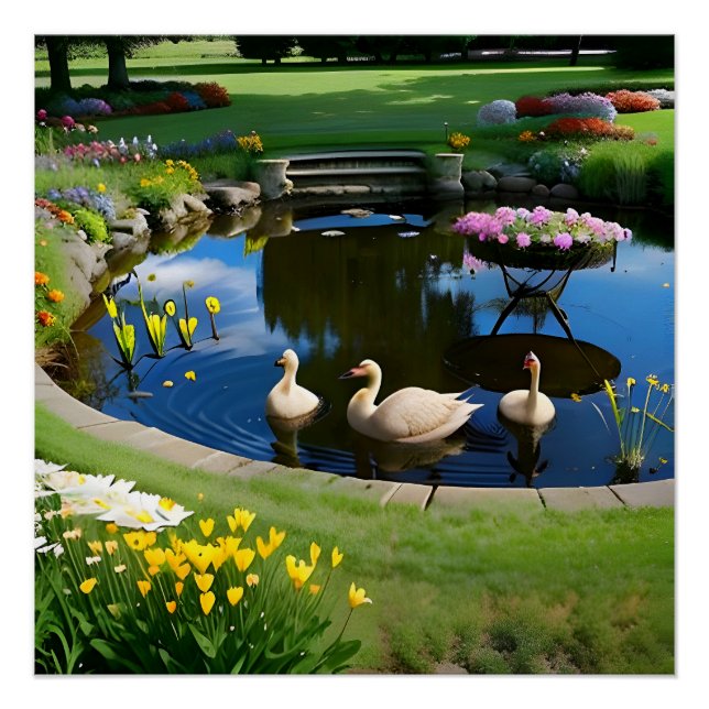 Póster Gansos no Lago com Flores e Grama (Frente)