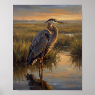 Poster Garça Azul Grande em Óleo de Pântano Salgado Doura