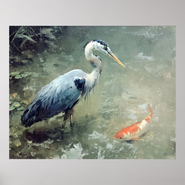 Poster Garça e vibrantes peixes Koi (Frente)
