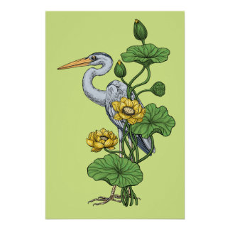 Póster Garça no Jardim do Lótus Amarelo sobre orvalho