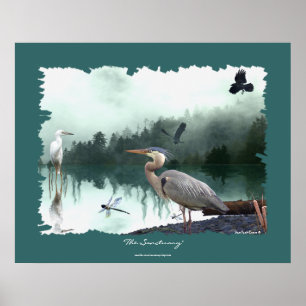 Póster Garças-reais, Egret, corvos, libélulas, arte da