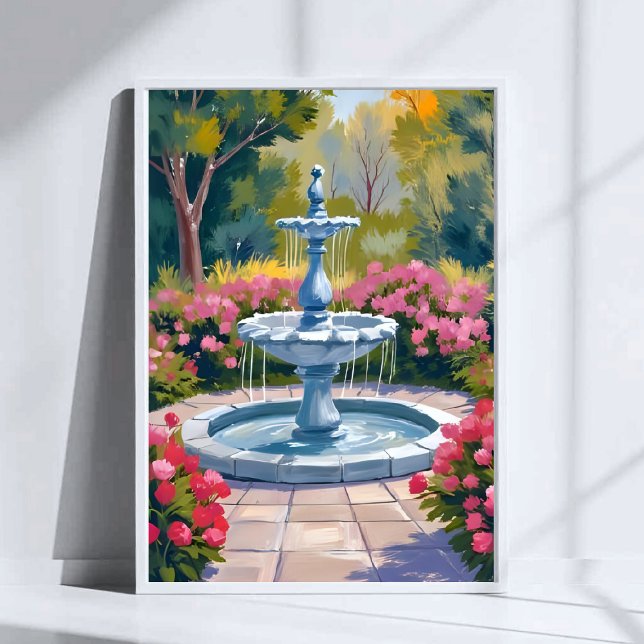 Poster Garden Fountain Floral Painting Watercolor Art (Criador carregado)