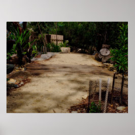 Poster Garden Pathway Wooden Bridge Lush Greenery
