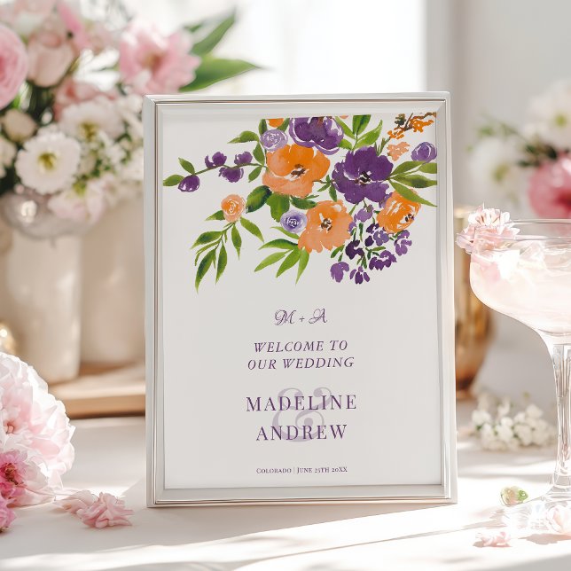 Poster Garden Purple Orange Floral wedding Welcome (Garden Purple Orange Floral wedding Welcome Poster)