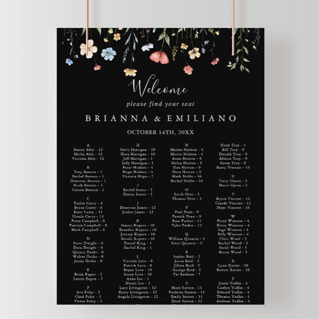Poster Garden wildflower Black Alphabetical Seating Chart (Criador carregado)