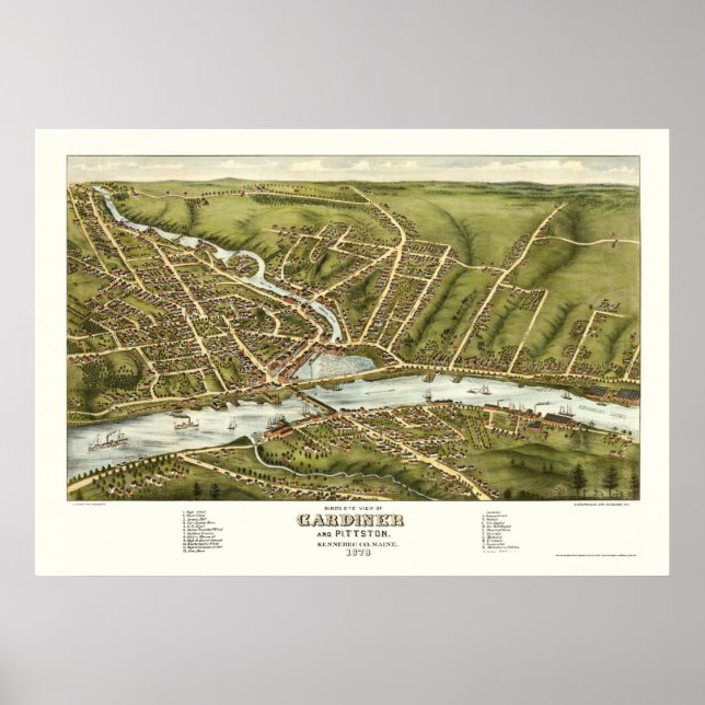Poster Gardiner & Pittston, Mapa Panorâmico ME - 1878 (Frente)