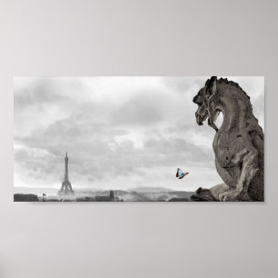 Poster Gargoyle parisiense com borboleta azul,