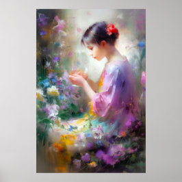 Poster Garota admirando uma flor em suas mãos