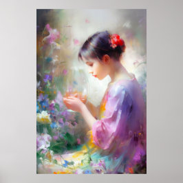 Poster Garota admirando uma flor em suas mãos