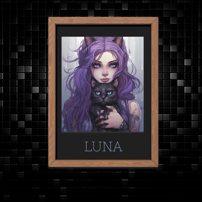 Poster Garota Adorável de Animação e Cabelo Roxo de Gato (Criador carregado)