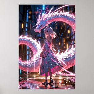 Poster Garota Anime Cyberpunk Dragão Neon Arte Fantasia