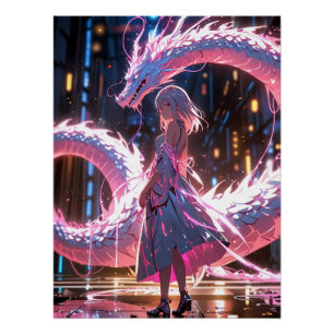Póster Garota Anime Cyberpunk Dragão Neon Arte Fantasia