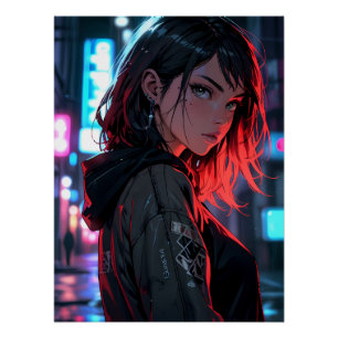 Póster Garota Anime de Rua Cyberpunk Neon Noite Cidade Ar