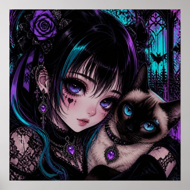Poster Garota Anime Emo Gótica & Gato (Frente)