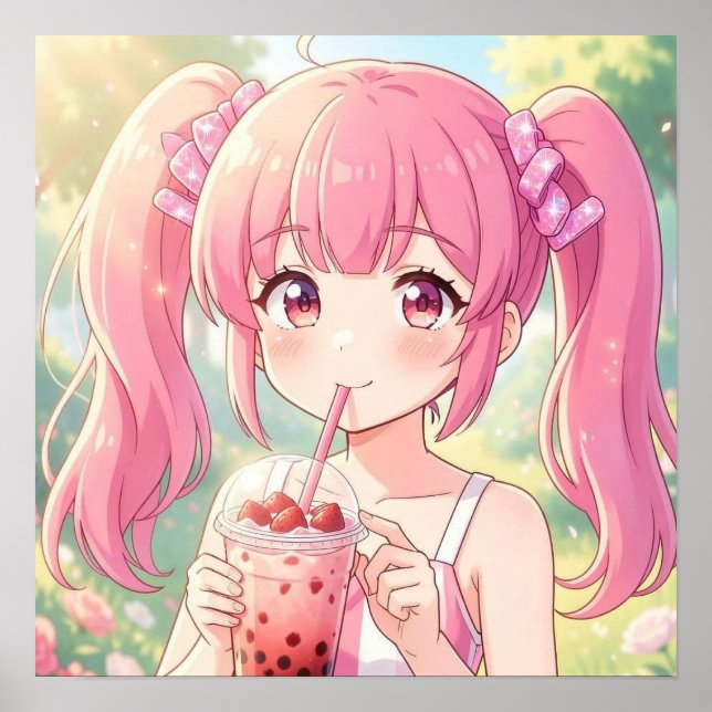 Poster Garota Anime Fofa de Rosa Bebendo Chá de Bolha (Frente)