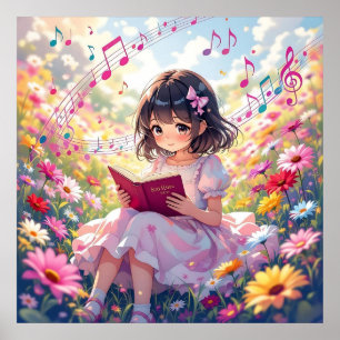 Poster Garota Anime Fofa Lendo um Livro