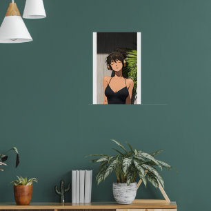 Poster Garota Anime Minimalista Relaxando com Fones de Ou